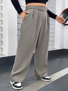 Flirla Plus Size Women Solid Color Pleated Pocket Wide Leg Loose Suit Pants - Dark Grey - View 1