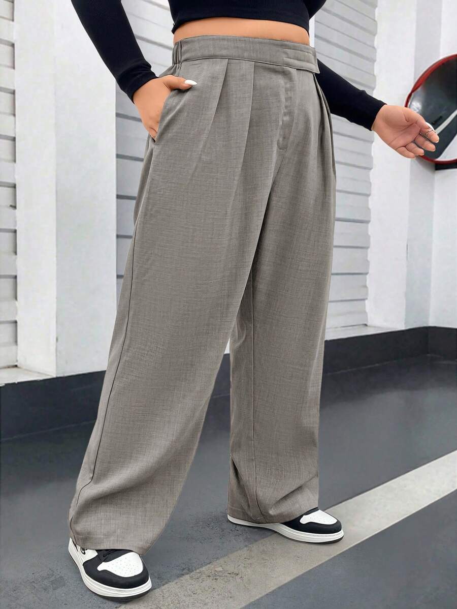 Flirla Plus Size Women Solid Color Pleated Pocket Wide Leg Loose Suit Pants - Dark Grey - View 1