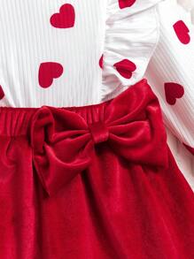 Baby Girl Heart Print Ruffle Trim Bow Front Dress & Headband - Red and White - View 5