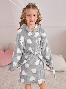 SHEIN Young Girl Cute Minimalist Rabbit Design Heart Pattern Long Sleeve Hoodie With Removable Belt, Soft & Comfortable Flannel Robe, Autumn/Winter (Sibling Outfits, Sold Separately) - Grey - View 5