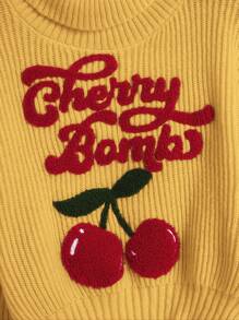 ROMWE Fairycore Spring Vacation Graphic Cute & Pure Sweet Collegiate Cherry Embroidery High Neck Lantern Sleeve Women Sweater,Long Sleeve Tops - Yellow - View 3