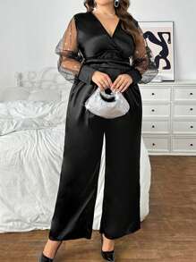 SHEIN Privé 大码优雅通勤工作服智能高端下午茶性感初次约会音乐派对迷人交叉 V 领网眼面板亮片长袖连体裤搭配褶皱高腰阔腿裤，圣诞约会 - 黑色 - 查看 4