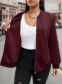 Calvaya Plus Size Textured Zip Up Casual Jacket For Autumn Fall Winter Cloth For Women - Burgundy - View 4