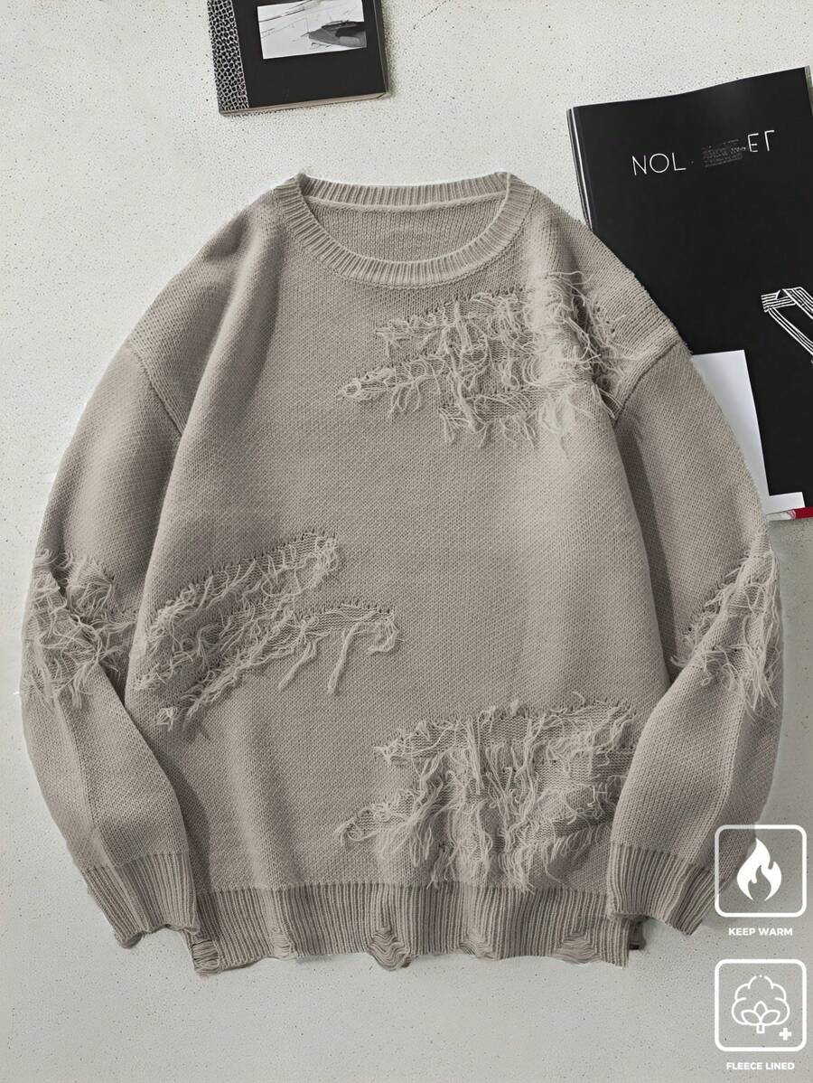 Manfinity EMRG Pull tricoté minimaliste à col ras-du-cou et manches longues, couleur unie pour homme, port casual quotidien - Kaki - Voir 1