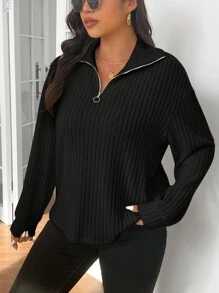 SHEIN Frenchy Casual Zip Front Rib Knit Plus Size T-Shirt - Black - View 6