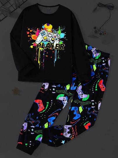 Conjunto de pijama de 2 piezas para adolescentes varones - Color base negro, estampado integral de gráficos de videojuegos, top de manga larga y pantalón largo, cómodo