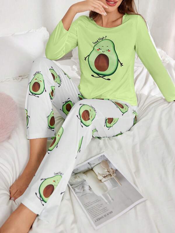 Pijama de pantalón y top de manga larga con estampado de aguacate para mujer, cómodo y lindo, para el otoño