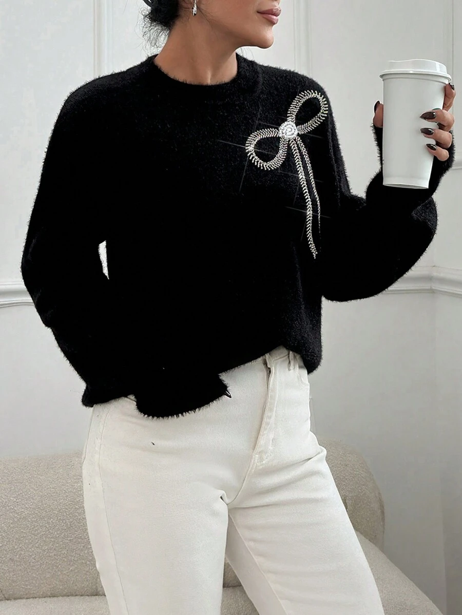 EURMUSE Casual Rhinestone Bow Decor Sweater, Autumn/Winter - Black - View 1