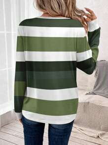EMERY ROSE Casual Striped Patchwork Pattern Round Neck Long Sleeve Women T-Shirt, Spring & Autumn - Green - View 2