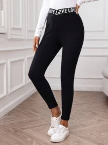 SHEIN LUNE Women Casual Ribbed Letter Patchwork Leggings, Basic Autumn/Winter Everyday Wear - Black - View 6