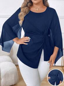 Celure Blusa transparente de cuello redondo, manga larga, cintura fruncida y bajo asimétrico para mujer - Azul Marino - Ver 4