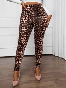 SHEIN Lady Leggings de Cuatro Estaciones, Bottom con Estampado de Guepardo, Leggings casuales con cintura alta y estampado de leopardo para mujer