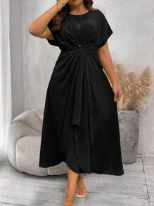 SHEIN Clasi Vestido maxi elegante de manga de murciélago con envolvente y bajo de mujeres talla grande - Negro - Ver 4