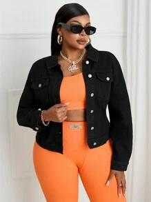 Áo khoác denim dáng rộng, màu trơn, thường ngày, dáng rộng, có túi lật, vai trễ, cỡ lớn - màu đen - Xem 1