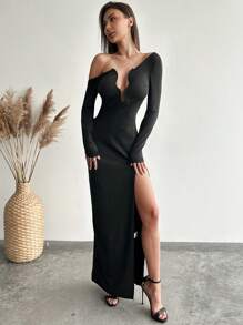 Aloruh Váy liền thân màu trơn hở lưng không đối xứng viền kim loại gợi cảm mới, thích hợp cho hẹn hò, đi chơi, tiệc tùng, sinh nhật - màu đen - Xem 4