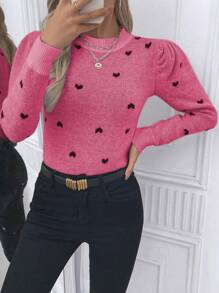 SHEIN Clasi Pull ajusté à manches bouffantes avec motif jacquard en forme de cœur, pour l'automne/hiver, style décontracté