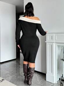 SHEIN Frenchy 优雅简约拼色斜肩针织毛衣裙，适合办公室、休闲约会和聚会，秋冬季 - 黑色 - 查看 2