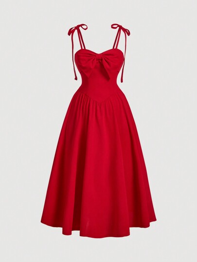 SHEIN MOD Plus Size Women Red Cute Vintage Bow Decor Party Cocktail Dress