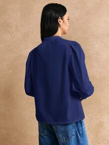 Poéselle 女士单排扣长袖纯色休闲上衣，简约设计，日常穿着 - 藍色 - 查看 3