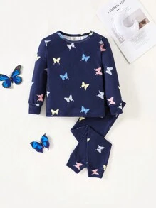SHEIN 2pcs/Set Young Girl Snug Fit Butterfly Pattern Round Neck Raglan Sleeve T-Shirt And Soft Comfortable Brushed Pajama Pants Sleepwear Set