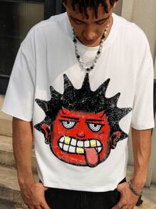 Manfinity EMRG Men Street Style Oversized Funny Cartoon Pattern Textured Red Graphic Print Loose Fit White Short Sleeve T-Shirt, For Rapper, For Going Out - White - View 4