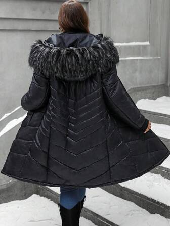 EMERY ROSE Plus Size Winter Clothes Casual Padded Padded Coat With Hood And Furry Collar