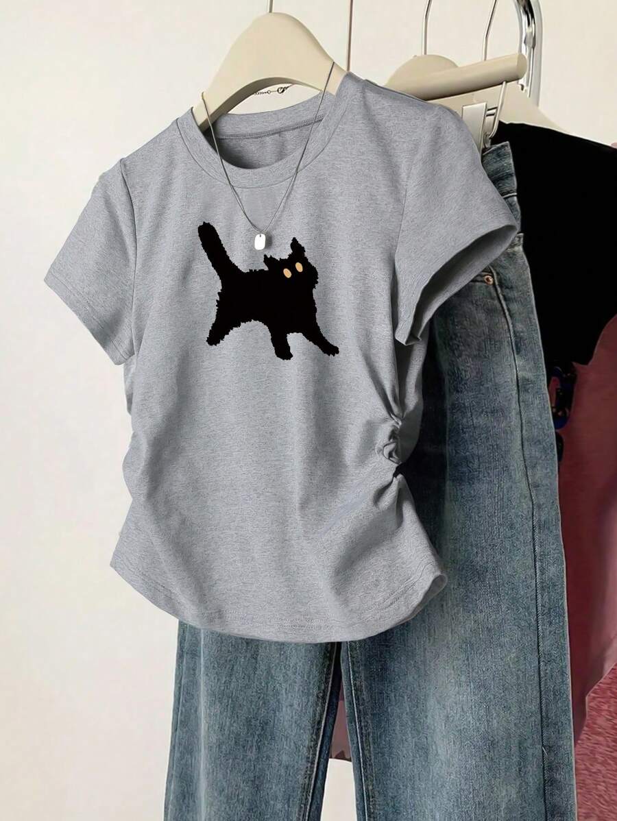 INAWLY Áo thun nữ tay ngắn in hình mèo đen hoạt hình cỡ lớn, áo phông họa tiết mùa hè cho nữ - Xám - Xem 1