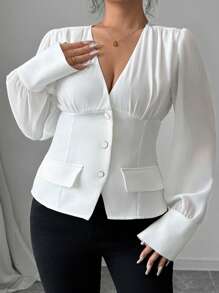 SHEIN Unity Women's Spring Autumn Elegant Commuter Heterogeneous Material Patchwork Ruched Waist Slimming Gold Trim Button Long Sleeve Shirt - White - View 5