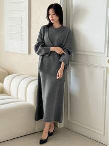 DAZY 2pcs Women's Asymmetrical Knitted Cardigan Set With Drawstring, Unique Design Gentle Style Sweater Outerwear, Autumn/Winter - Grey - View 7