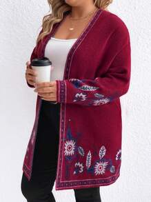 SHEIN LUNE Plus Size Retro Jacquard Red Long Sleeve Cardigan Sweater - Burgundy - View 5