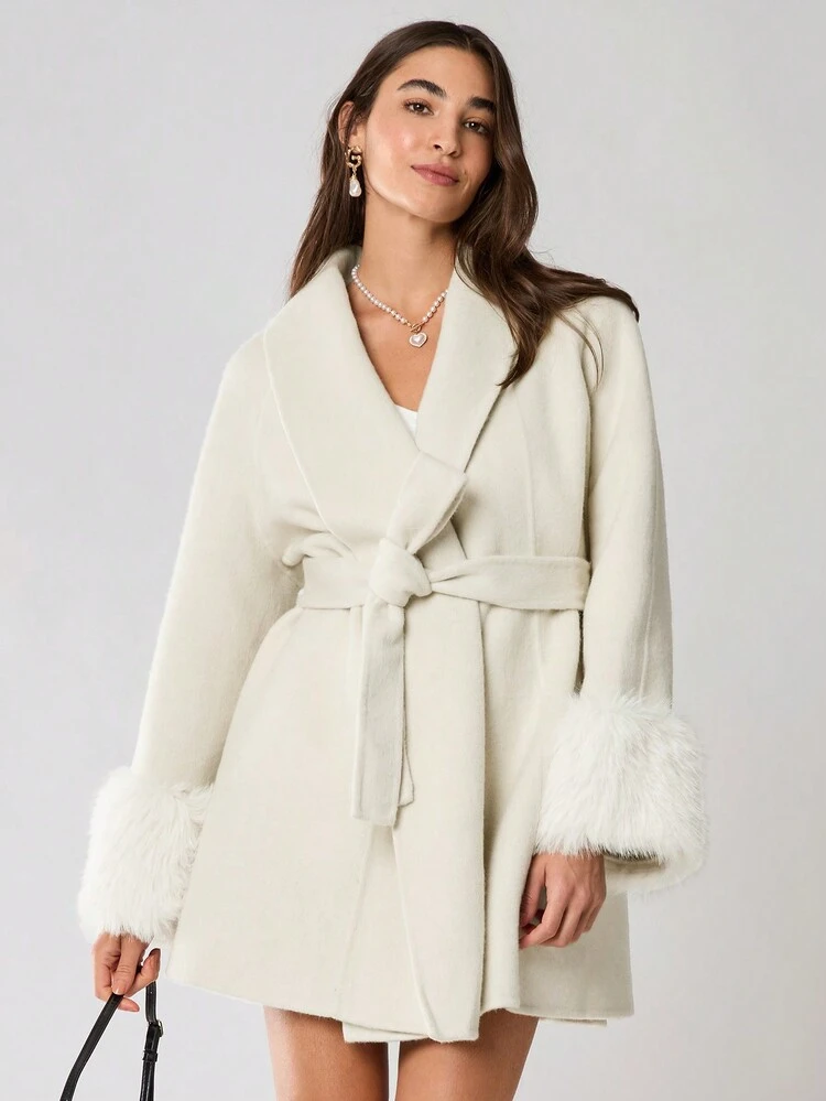 New Winter Products, Women Elegant Fashionable Solid Color Shawl Collar Long Sleeve Furry Patchwork Double-Sided Overcoat, Winter Women's Clothing, Winter Clothes, Warm Clothes, Winter Women Coat, For Christmas Party&Romantic Dinner Dates