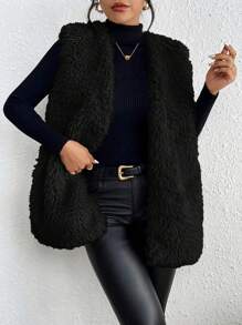 SHEIN Frenchy Áo khoác lông không tay trơn màu cho nữ, dành cho mùa thu và đông - màu đen - Xem 5