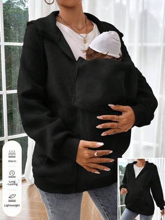 SHEIN Giacca casual lunga con chiusura lampo, con cappuccio, a tinta unita, manica lunga, larga, adatta per la gravidanza, stagione autunnale