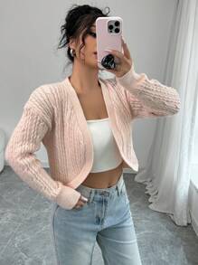 Chiquease Chaqueta corta casual de punto de un solo color para mujer, temporada de otoño