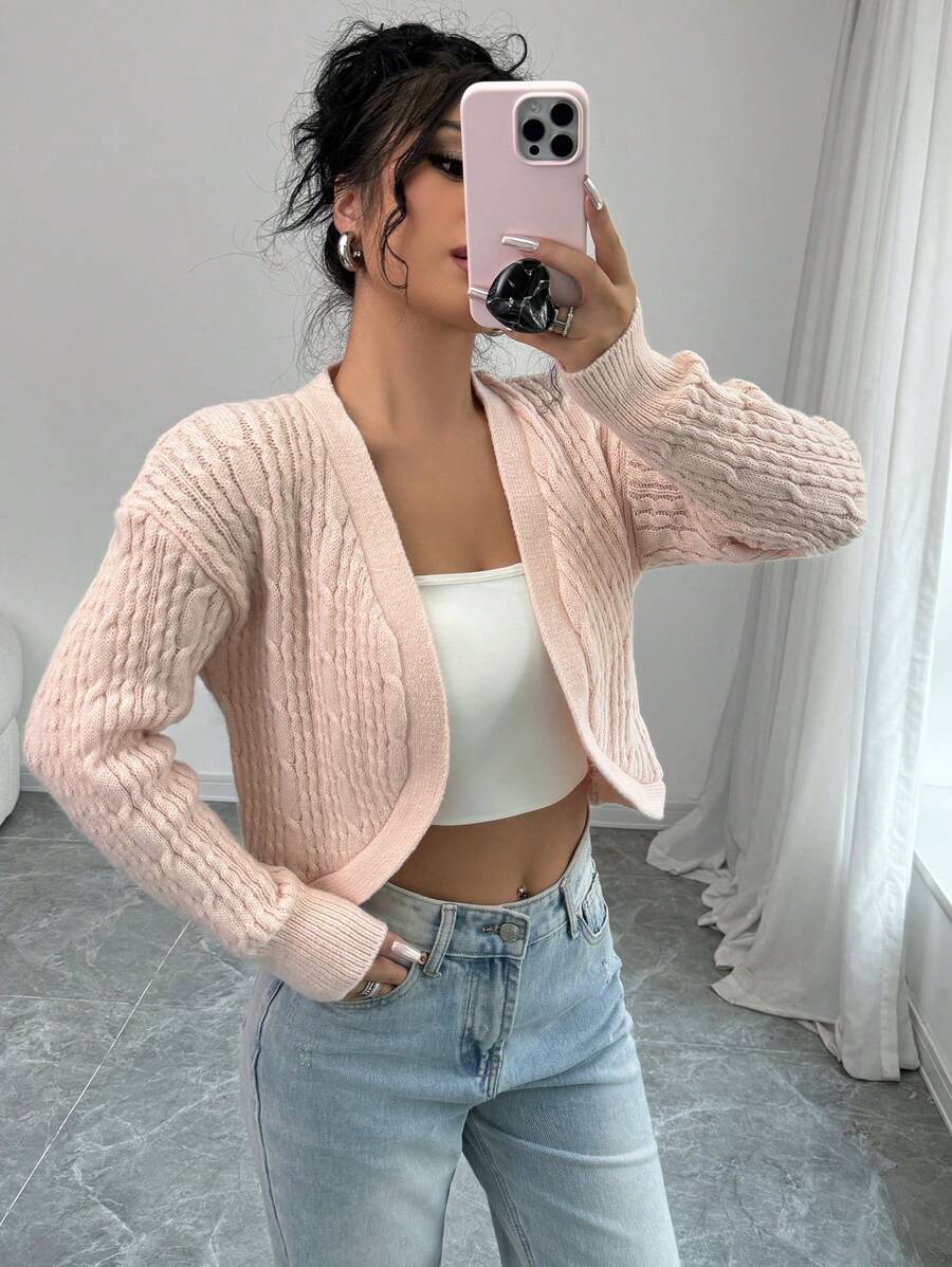 Chiquease Chaqueta corta casual de punto de un solo color para mujer, temporada de otoño