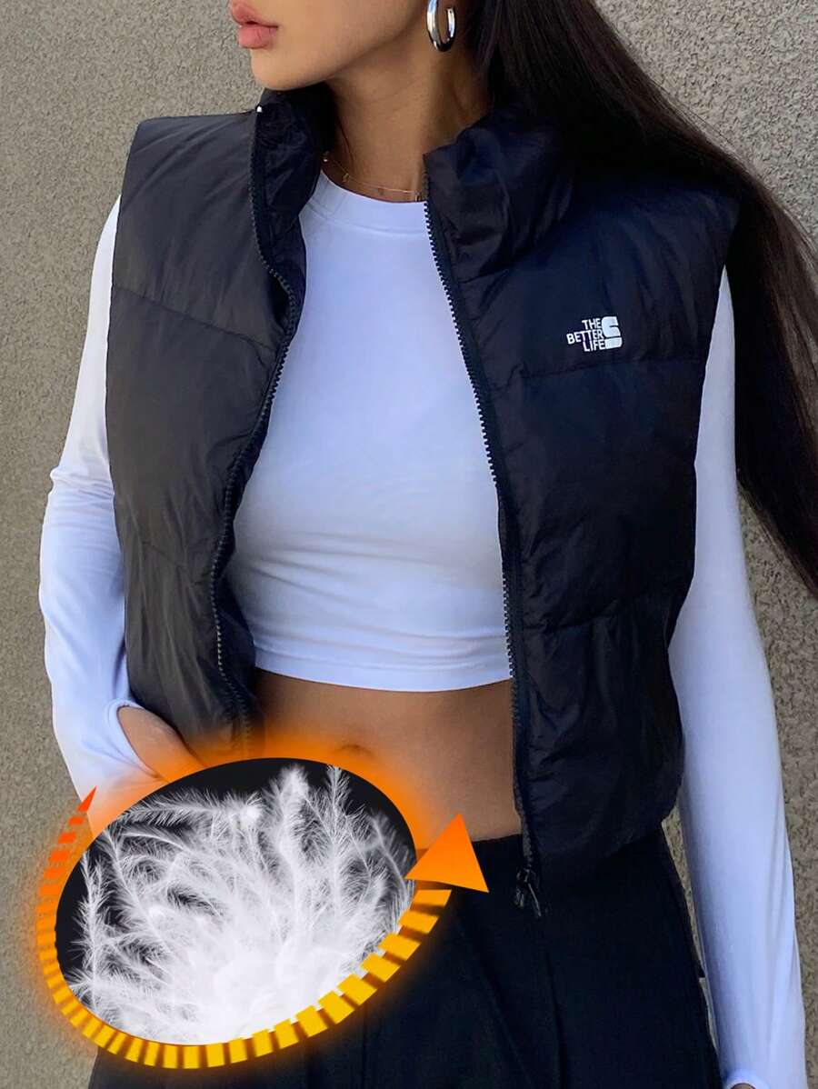 DAZY Women's Super Short Letter Print Fitted Feathery Jacket Fall, Winter Vest Women Coats