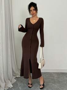 Selianne 女式前扣喇叭袖开衩至大腿毛衣连衣裙 - 棕色 - 查看 6