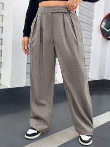 Flirla Plus Size Women Solid Color Pleated Pocket Wide Leg Loose Suit Pants - Dark Grey - View 3
