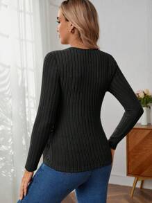 SHEIN Camiseta de manga larga casual de cuello redondo ajustada de unicolor y acanalada para maternidad