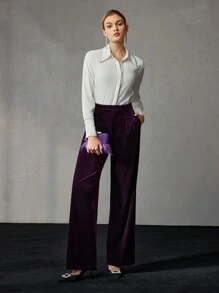 MOTF PREMIUM VELVET SOLID SLANT POCKET WIDE LEG SUIT PANTS - Purple - View 6