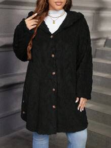 EMERY ROSE Textured Plush Warm Comfortable Button Decorated Hooded Plus Size Jacket Winter Clothes Fall Autumn - Black - View 4