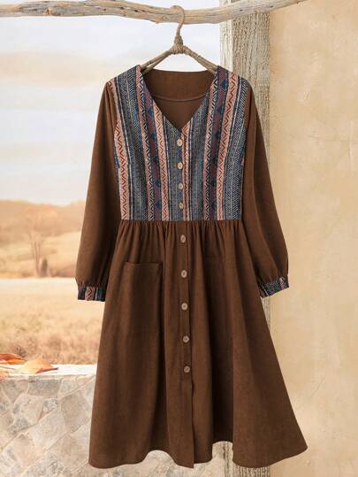 Rusticease Plus Size Winter Clothes For Women Winter Dresses Winter Clothes Thanksgiving Outfit Women Geometric Print V-Neck Long Sleeve Single-Breasted Casual Dress