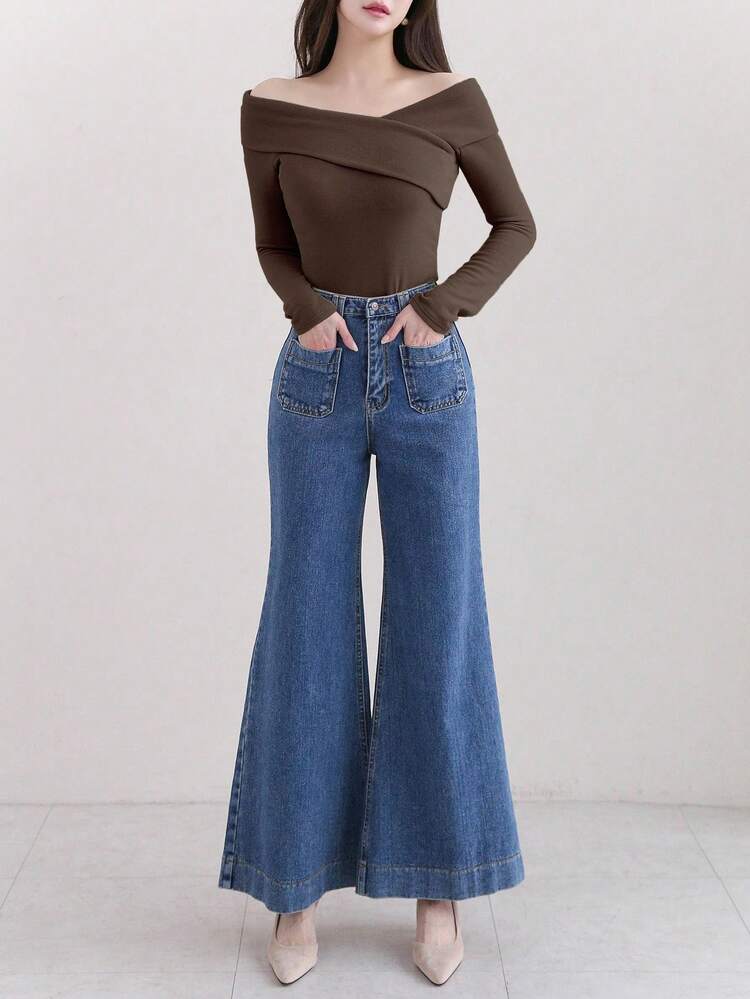 Women's Solid Color Off Shoulder Elegant Casual T-Shirt, Coffee Brown, Autumn/Spring Long Sleeve Women Tops