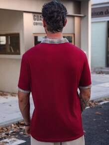 Manfinity VCAY Men's Slim Fit Rib Knit Contrast Plaid Patchwork Short Sleeve Polo Shirt