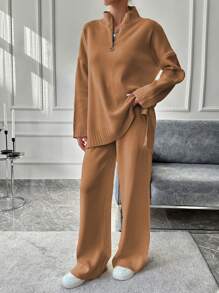EURMUSE Women Casual Solid Color Stand Collar Sweater & Long Pants 2Pcs Set For Autumn/Winter - Camel - View 3