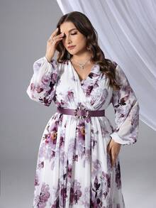 Vestido de manga larga con cuello en V y estampado floral para mujer de talla grande