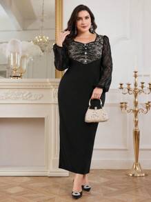 Modelyn Plus Size Solid Color Lace Patchwork Sweetheart Neck Elegant Long Sleeve Dress Long Evening Dresses - Black - View 1