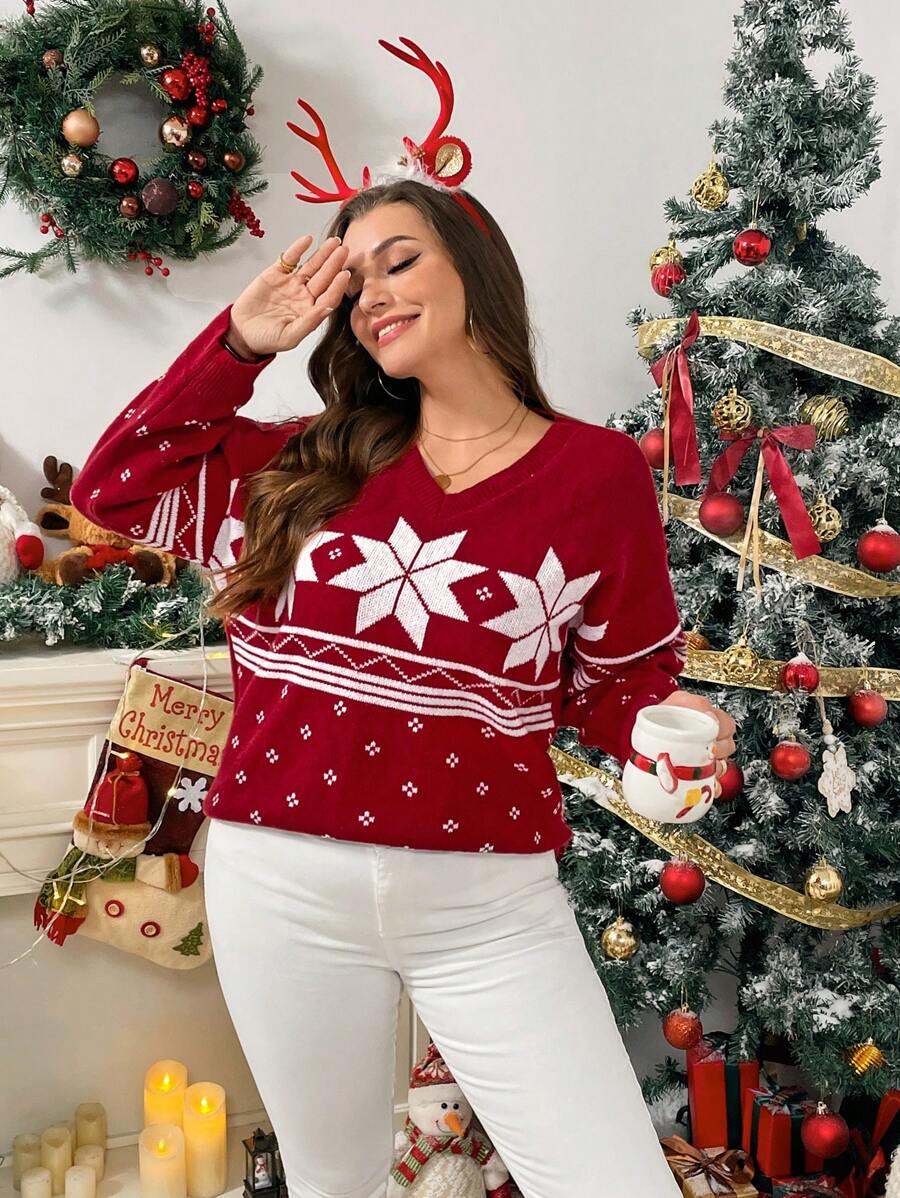 SHEIN Essnce Áo len nữ cỡ lớn, Áo len đỏ, Áo len Giáng sinh, Áo len đỏ và xanh lá cây, Áo len quần áo mùa đông cho nữ, Trang phục nữ Áo len mùa thu Áo len Giáng sinh xấu xí mùa đông, Áo len Giáng sinh Quần áo Giáng sinh Áo Giáng sinh - Đỏ - Xem 1