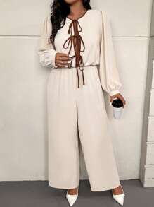SHEIN Frenchy Plus Size Women's Apricot Color Waist Drawstring Jumpsuit With Contrast Color Bowknot Detail, Fashionable And Casual