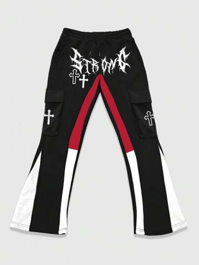 Street Life Pantaloni della tuta da uomo con fondo a campana, effetto colorblock con cucitura vintage, stile di strada